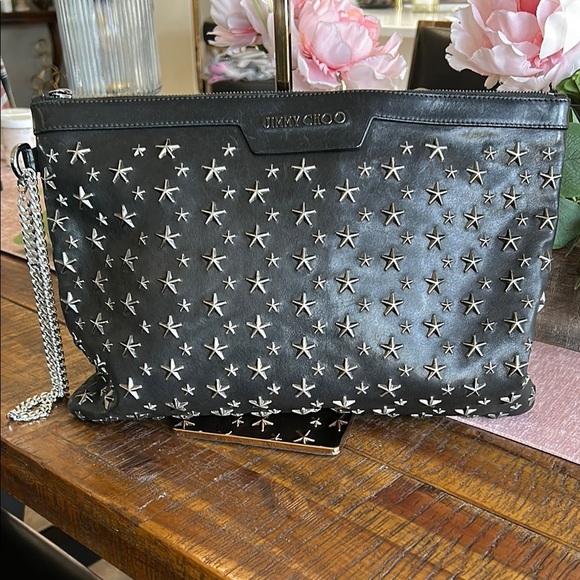 Jimmy Choo Black Star-Studded Large Leather Clutch Women's Bag - Picture 1 of 12